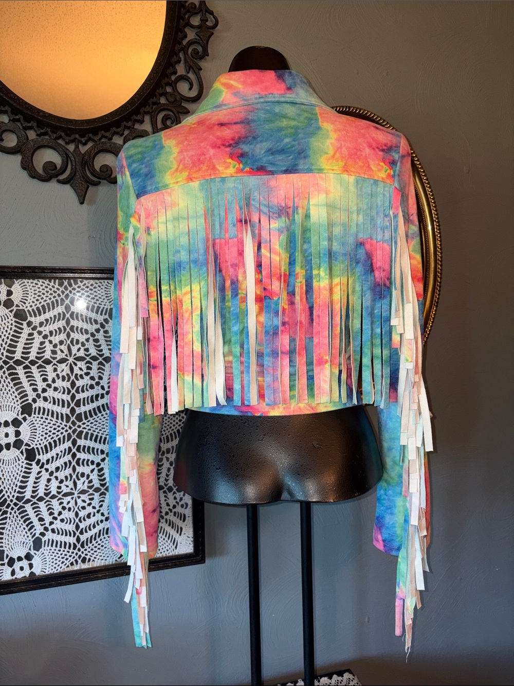 iHeartRaves Tie-Dye Fringe Cropped Jacket in Pink, Blue, Yellow, Green